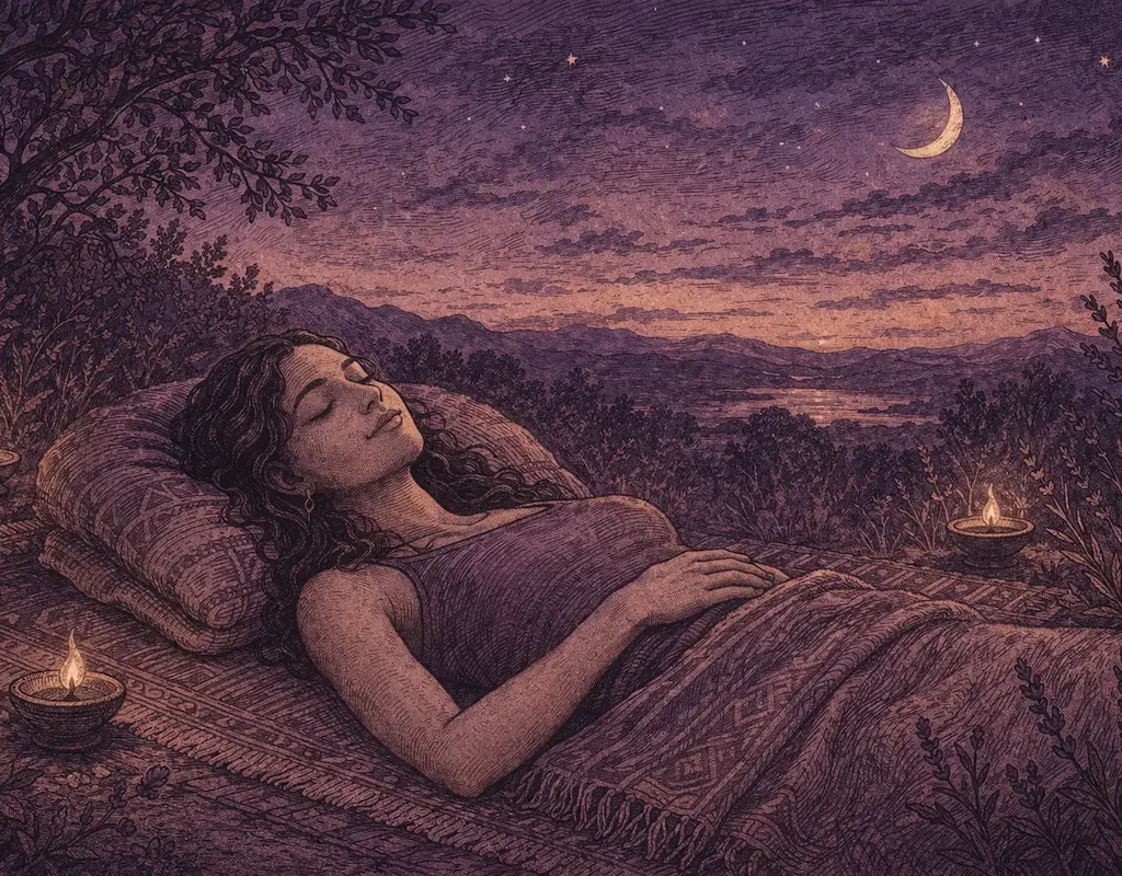 A woman laying down in yoga nidra under a crescent moon