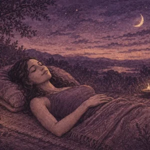 A woman laying down in yoga nidra under a crescent moon