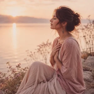 A woman sitting in a meditative state next to a calm lake with hands over her heart.